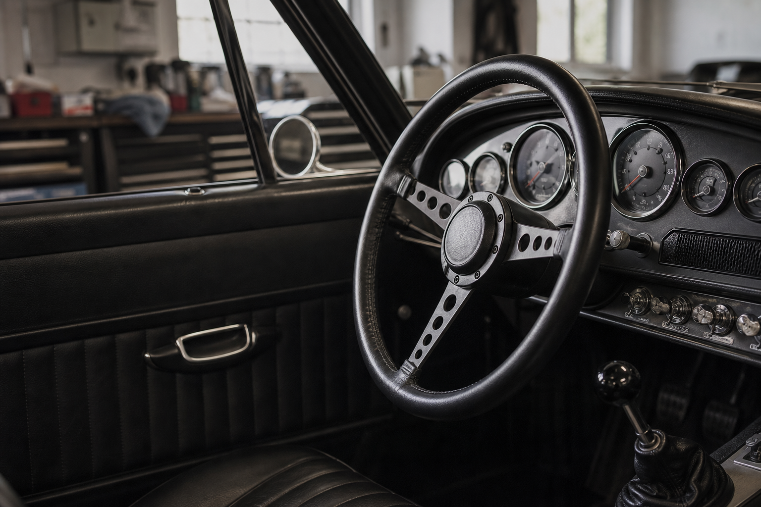 Leather steering wheel and analogue instruments inside a carefully maintained classic performance car